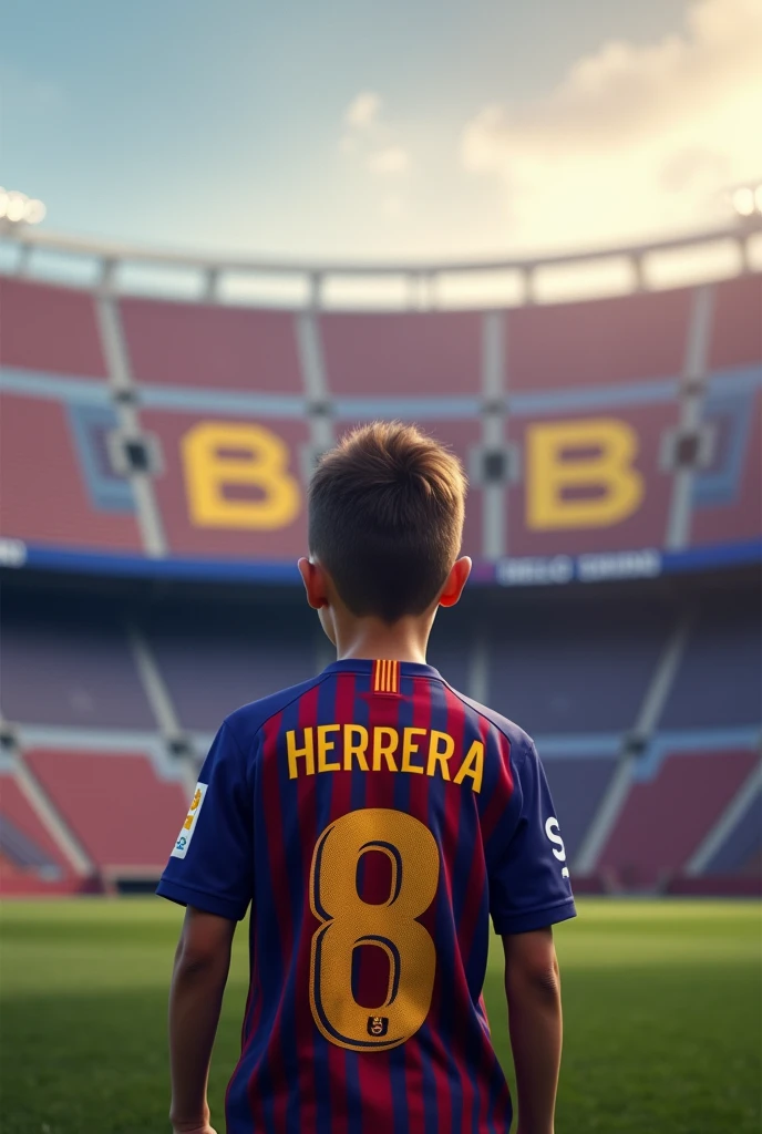 A boy wearing a FC Barcelona shirt with S written on the back.Herrera says back s.Herrera to fill the entire Camp Nou with the number 8 Herrera.