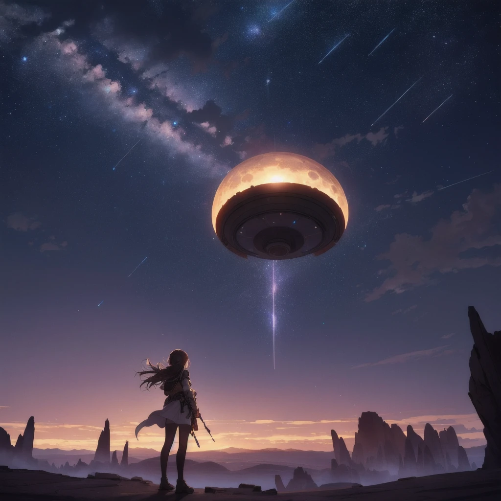 a girl standing in a vast desert landscape, looking up at the night sky filled with a full moon, shooting stars, and a distant nebula, with distant mountains on the horizon and a tree breaking the foreground, surrounded by warm glowing lights and fireflies, volumetric lighting creating an intricate, highly detailed, colorful and dreamy steampunk scene, with a dynamic and cinematic composition, masterpiece quality, best quality, 4k, highly detailed, alone