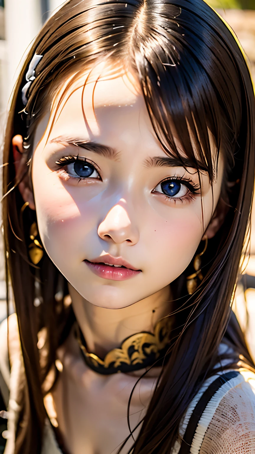 cute, (Brown Hair), ((Short Bob)), Perfect Face, An innocent smile, Upper Body,(blue eyes), (Yan), (small), (thin), ((small胸)), ((Only 16)), Skin dentition, Very detailed, Attractive oval face, Red lips, pink, Glowing Skin, Thin Hair, Face Focus, Chest close-up, Gorgeous hair ornament, Gold earrings, ((1 person)), Embarrassed expression,