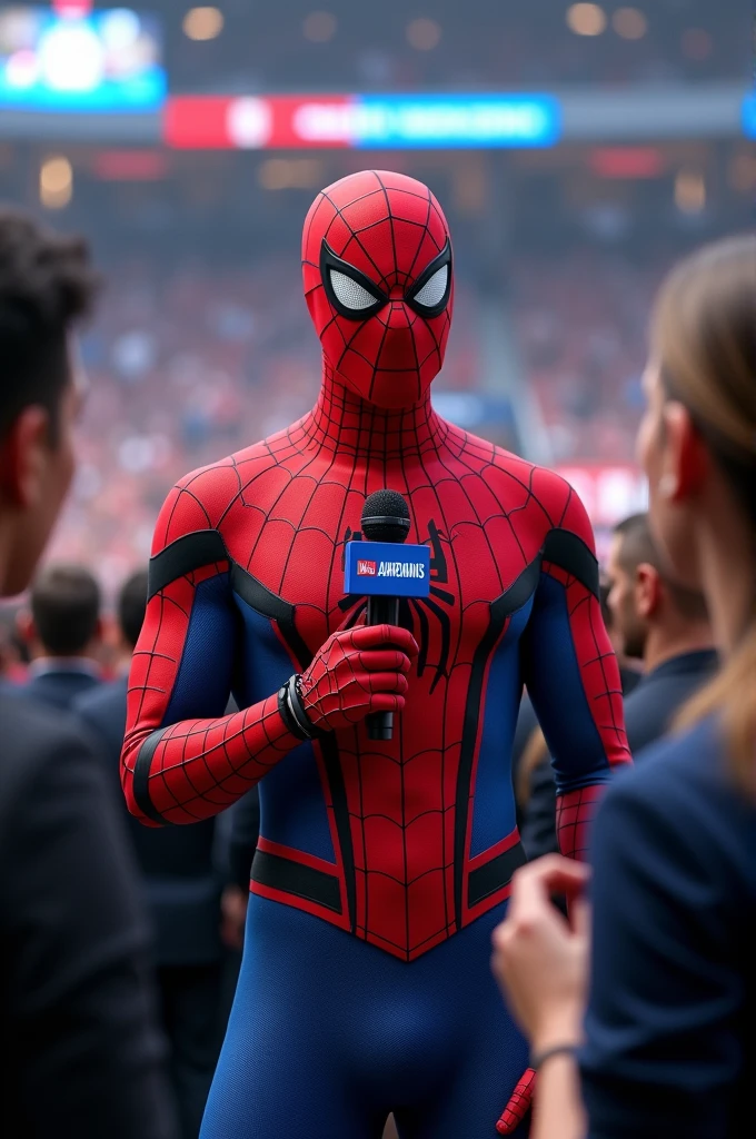 Spiderman giving an interview with a microphone wearing a team jersey
