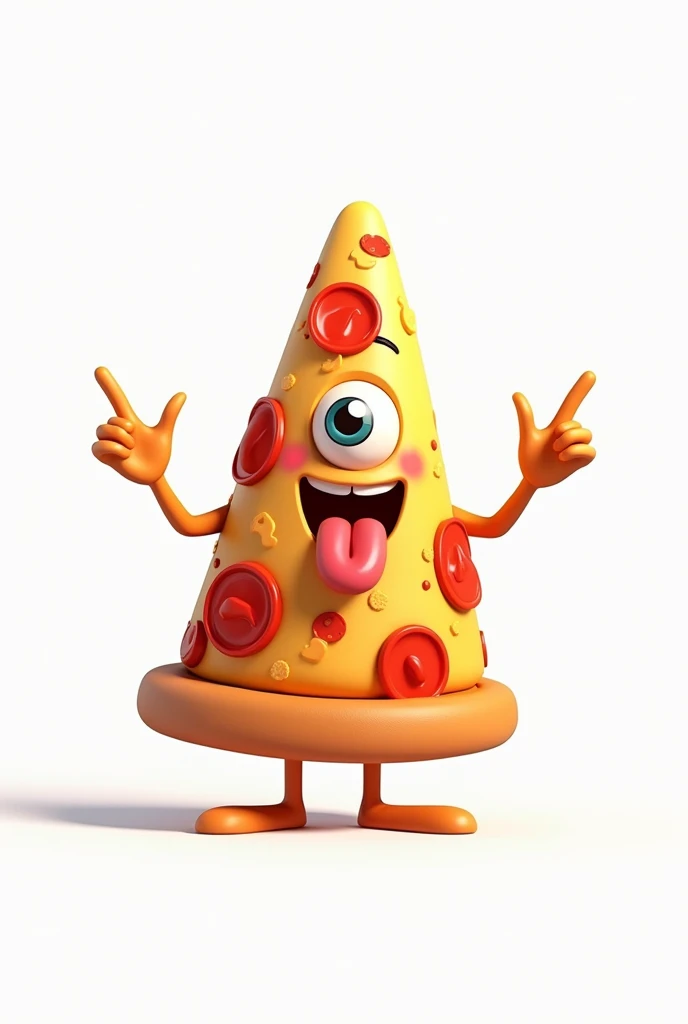 **Slice of CARTOON STYLE animated pizza that looks pretty and has a very serene appearance, WITHOUT A MOUTH OR SMILE, just one eye in the center of an inverted triangle with the main vertex pointing up, sticking out a long tongue in a rock style similar to the Rolling Stones logo, NOT CREEPY OR TERRIFYING, with melted cheese. The triangular slice resembles the Illuminati symbol, and in one hand, it is clearly making the "rock horns" or "maloik" gesture.** It looks like a cartoon, with amazing 4k quality colors, a white background, and well-cast shadows where they need to be. Let it be a pepperoni pizza that is standing, with melted cheese.