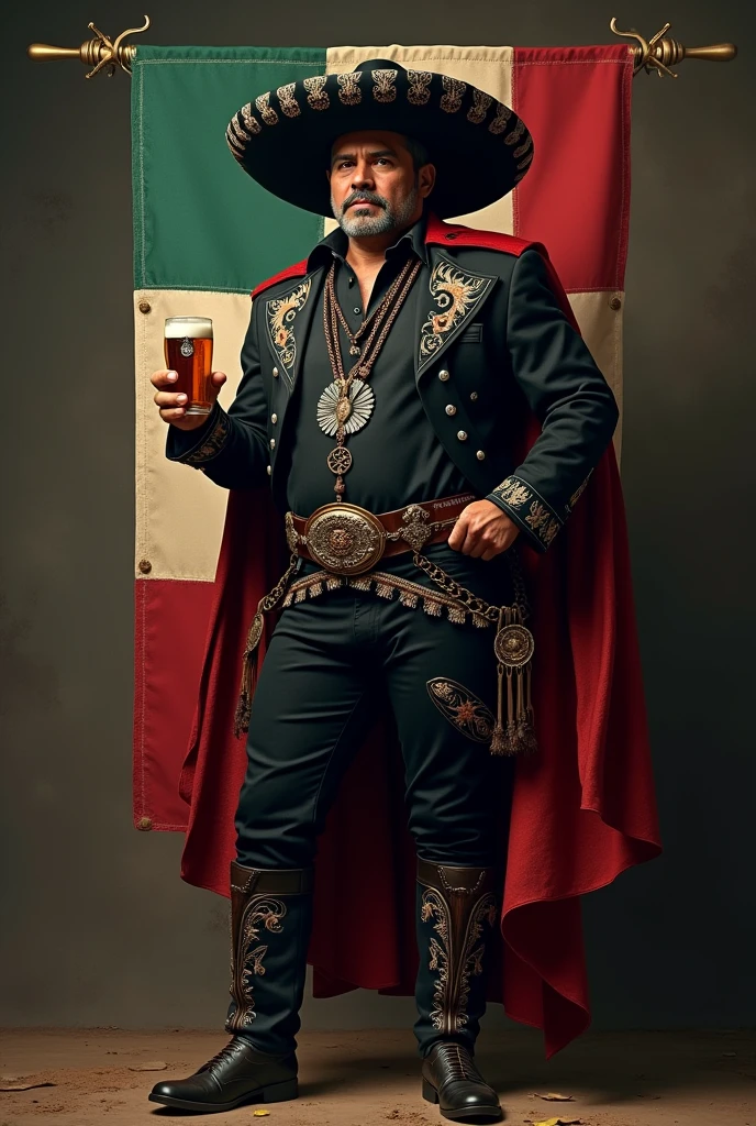a mexican charro drinking a beer with a mexican flag (outfit has to be on black color)