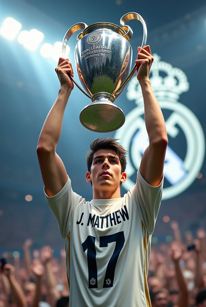 A young man holding up the Champions League trophy with a Real Madrid shirt, with the number 17 and the name J.Matthew