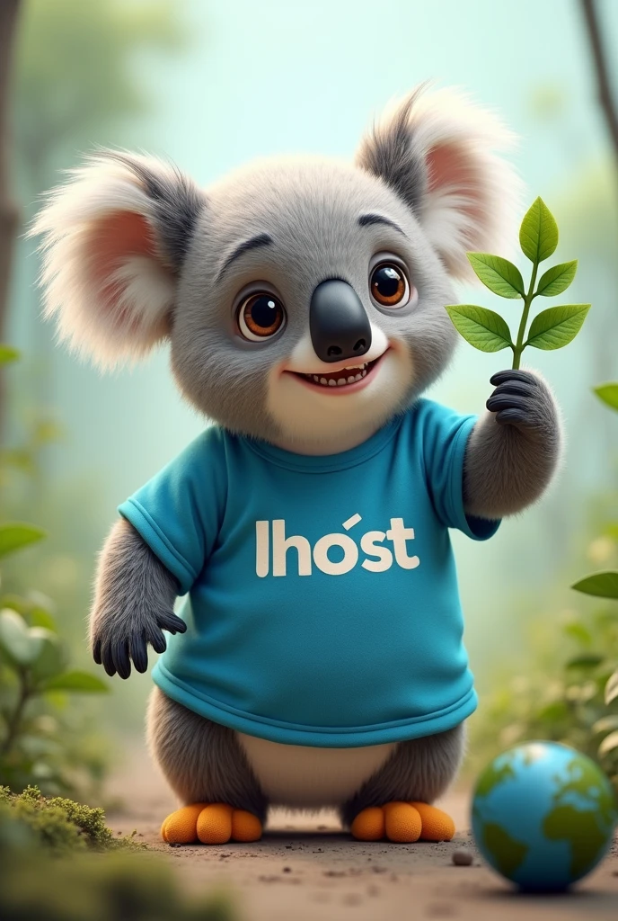 Imagine a friendly animal, like a koala or a penguin, wearing a blue shirt with the word "LHOIST" written in white letters. The animal may be holding or interacting with symbols related to sustainability, like a young plant, a ball of planet Earth, or a recycling symbol. The image background may include natural elements, like trees or a clean ocean, to reinforce the message of commitment to the environment.