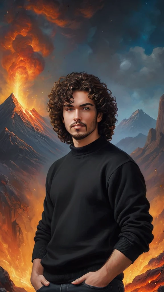 Full-body portrait of an Heavy Metal -Fan cute gorgeouse looking handsome male, with dark, curly hair wearing a black sweater, singer 🎸 Oil painting on canvas in the art style of Caravaggio, thomas kinkade, Neal Adams, Frank Frazetta, Boris Vallejo's, rembrandt, extremely colorful, universe, planet, performer, Milky Way, fire, explosion, cigarette, Lava of Mt. Fire, Rugged mountains in the background々, 32k Ultra HD, 1080P, hyper Realistic, photoRealistic, Realistic, 1200ppi, 2000dpi, Very detailed, Very sharp, Vibrant, colorful, bright, Full Depth, Professional quality studio images