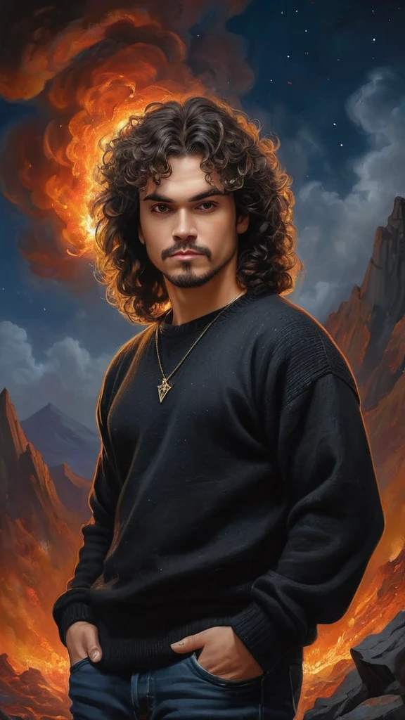 Full-body portrait of an Heavy Metal -Fan cute gorgeouse looking handsome male, with dark, curly hair wearing a black sweater, singer 🎸 Oil painting on canvas in the art style of Caravaggio, thomas kinkade, Neal Adams, Frank Frazetta, Boris Vallejo's, rembrandt, extremely colorful, universe, planet, performer, Milky Way, fire, explosion, cigarette, Lava of Mt. Fire, Rugged mountains in the background々, 32k Ultra HD, 1080P, hyper Realistic, photoRealistic, Realistic, 1200ppi, 2000dpi, Very detailed, Very sharp, Vibrant, colorful, bright, Full Depth, Professional quality studio images