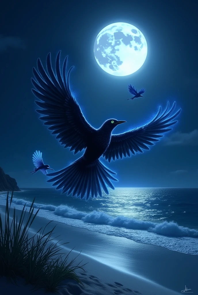BLACK BIRD FLYING WITH BLUE BIRD ON A BEACH AT NIGHT