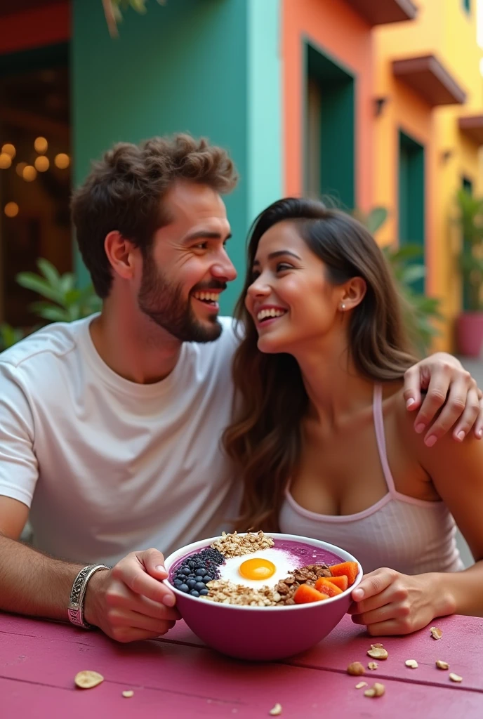 Realistic Man and Girlfriend 25-35 years old, In Mexico eating açaí in a bowl , with friends Ultra HD, high qualiy, best qualityer, high resolution, 8k, 16K