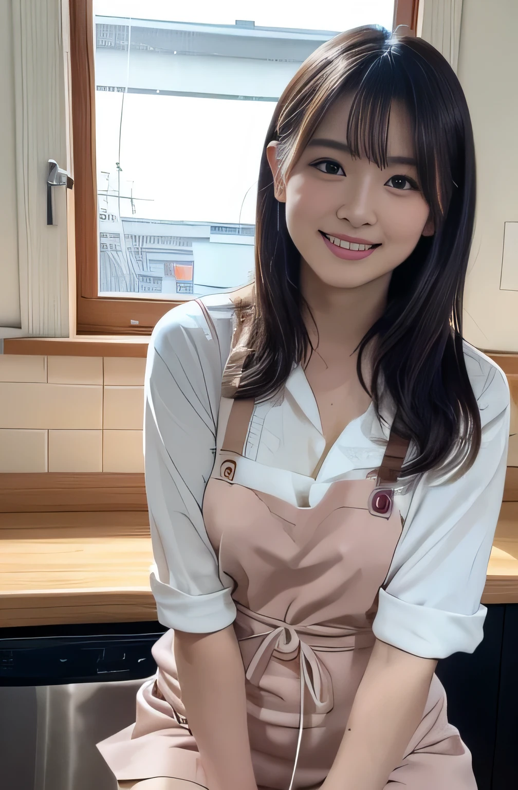 Japanese,Beauty,Idol,actress,cute,Brown Hair,Shaggy Cut,Semi-long hair,smile,Thighs,Pastry chef,Making sweets,kitchen,Bright lighting,between legs,Pussy in full view,