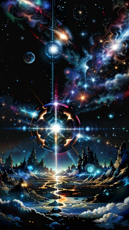 Fantasy，8k,Extremely detailed, masterpiece,High resolution,Highest quality,Increase the resolution,Cinema Lighting,Different space，4 dimensional world，Night on the Galaxy Express，Steam locomotive-type spaceship，steampunk，Large gear light blue body，A spaceship pulling multiple passenger cars，Maneuvering with a fusion reactor，30-car train、Run through the space zone，Numerous stars，Many Galaxies，Milky Way，Cruising at the speed of light，Seeing the Earth in the distance，Super Express，Going to Andromeda，Wide angle of view，Vision，Floating in the air，In the dazzling light，Extremely colorful，The whole carriage is visible，S-shaped，Rail of light，999，colorful cloud nebula，The whole universe shines gold