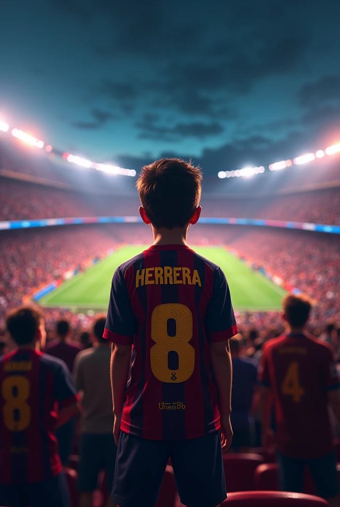 A boy wearing a FC Barcelona shirt with S written on the back.Herrera says back s.Herrera to fill the entire Camp Nou, to say Herrera with the number 8 Herrera with a lot of people filling the stadium and it's nighttime