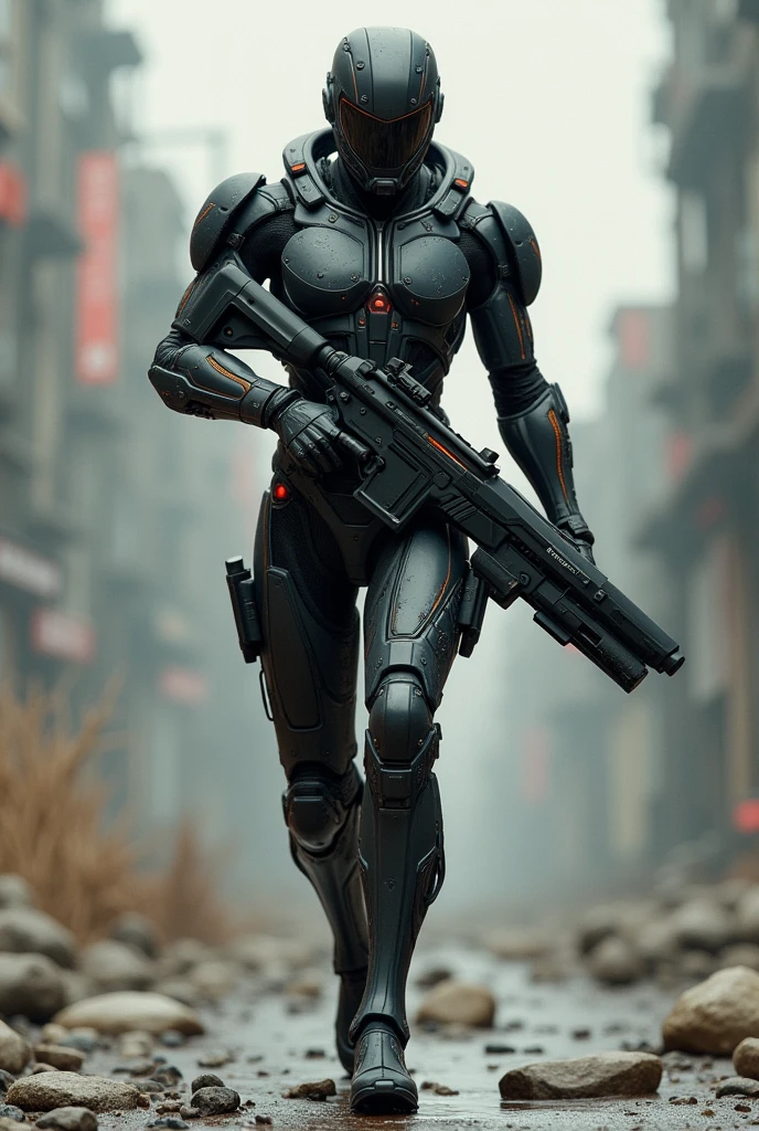 Hero with slim body, with a power suit and a gun