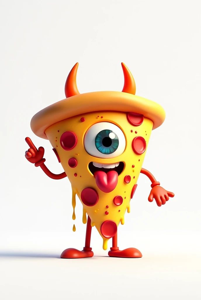**Slice of CARTOON STYLE animated pizza that looks pretty and has a very serene appearance, WITHOUT A MOUTH OR SMILE, just one eye in the center of an inverted triangle with the main vertex pointing up, sticking out a long tongue in a rock style similar to the Rolling Stones logo, NOT CREEPY OR TERRIFYING, with melted cheese. The triangular slice resembles the Illuminati symbol, and in one hand, it is clearly making the "rock horns" or "maloik" gesture.** It looks like a cartoon, with amazing 4k quality colors, a white background, and well-cast shadows where they need to be. Let it be a pepperoni pizza that is standing, with melted cheese.