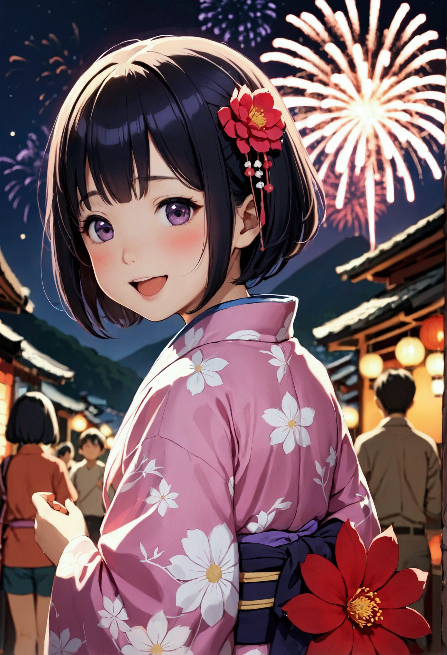 Flat Design,(masterpiece:1.2)、Written boundary depth、photograph、(Back Blur)、distance、high quality、High resolution、Very detailed、((Incredibly young))、9 Japanese、(cute)、Light purple 目、Black Hair,Pink kimono、(Semi-short hair)、straight、Laughing with your mouth open、Red flower hairpin、firework、Mountain、turn around、night、Japanese Festivals