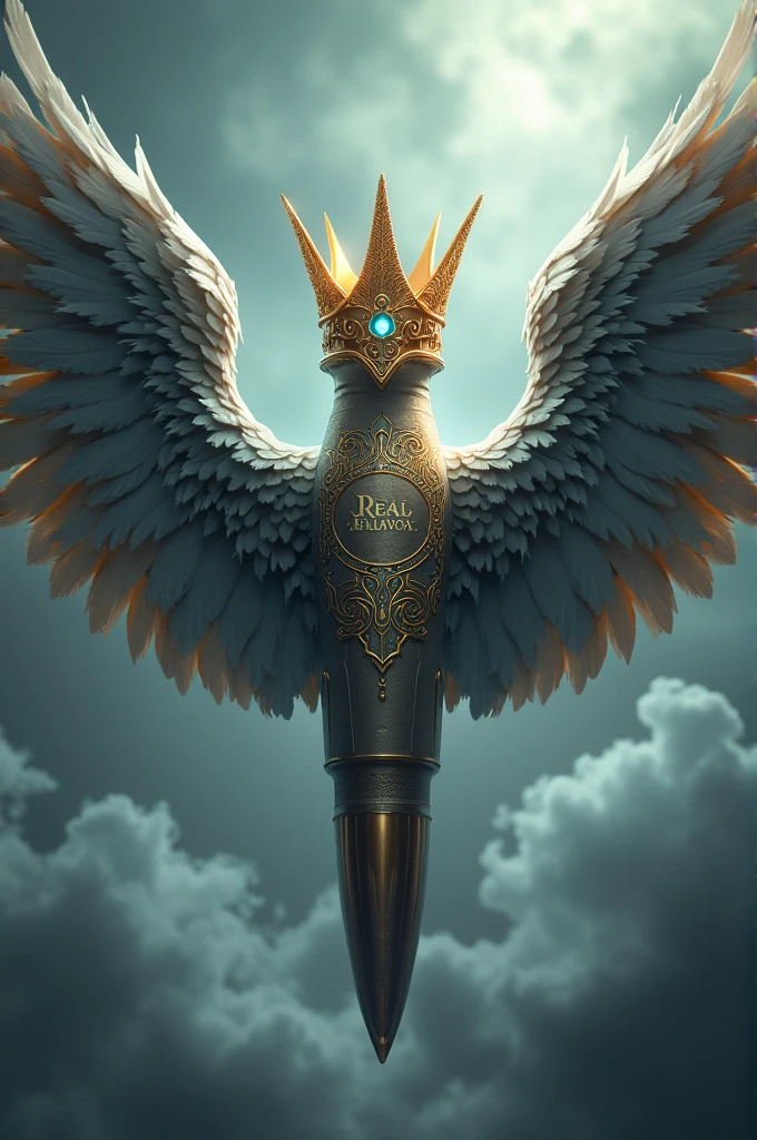 I want a picture of a bullet with wings and a crown on top and put the name (real balavoa) in the middle of the bullet.