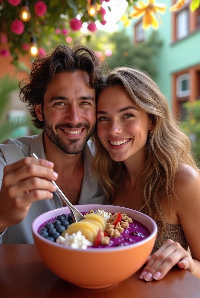 Realistic Man and Girlfriend 25-35 years old, in Maceió Brazil eating acai in a bowl , ultra HD, high qualiy, best qualityer, high resolution, 8k, 16K