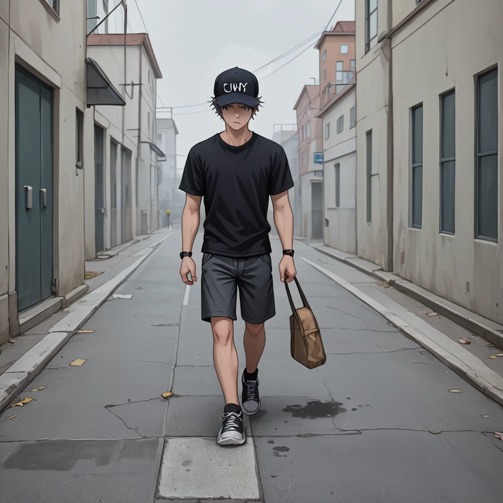 Messy gray haired boy with a cap walking to the school entrance