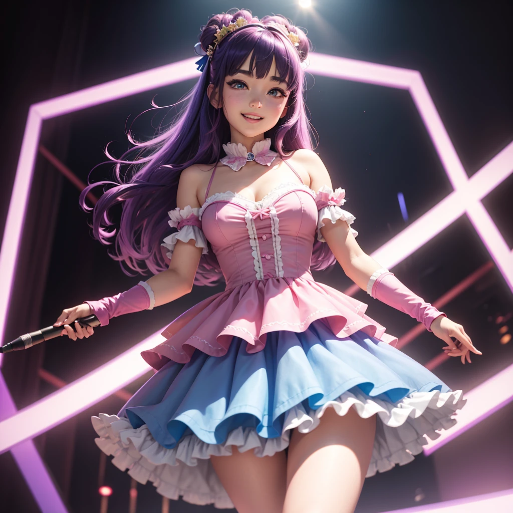 (masterpiece, best quality), (absurdres absolutely resolution), (8k), (detailed eyes:1.3), (beautiful eyes:1.3), (detailed illustration), (super fine illustration), (vibrant colors), (professional lighting),  8k raw photo, high res, (nice hands, perfect hands), full body, idol woman singing holding a microphone with a playful expression and big smile, smiley face, open mouth, blinking one eye:1.3, looking at viewer BREAK bright star-shaped reflection in her visible eye:1, idol, hoshino ai, very long hair, bangs, purple eyes, purple hair, streaked hair:0.2, big star-shaped pupils:1.4, medium breasts, shiny white skin, long legs, slim waist, BREAK short pink idol ruffled dress, upper part of the dress features a vibrant pink ruffled blouse adorned with light blue star-shaped accessories:1.6, BREAK layered frilled skirt in pastel pink:1.5, matching hot pink thigh-high boots with a glossy finish:1.3,BREAK fingerless pink gloves adorned with heart and star motifs:1.2, BREAK playful and small one-sided pink ribbon headband, BREAK many blue and pink neon lights from all directions, big stage scenery, warm lighting, dynamic perspective with blue and pink spotlights, huge crowd on the background, BREAK motion blur on the background:0.6, sidelighting, sharp focus, perfect hands, perfect face, perfect eyes,pink gloves, solo, smile, hair, ornament, dress, bangs, mksks,realistic-background