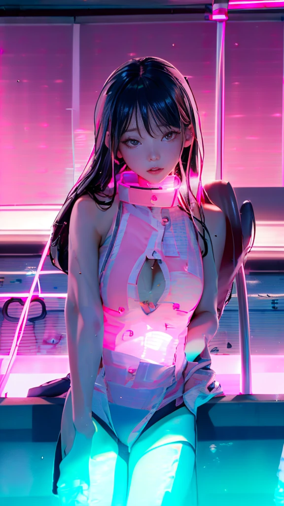 One person, solo, High resolution, masterpiece, accurate, Anatomically correct, Winner of numerous awards, Highest quality, Damaged, detail, 高いdetail, High-resolution model, Very detailed, Ultra high definition, Textured skin, Retina, Shortcuts, Black Hair, Large Breasts, Large Breastsの谷間、Background blur, movieの光効果, movie撮影, movie,
(((nighttime pool with pink lighting:1.8))), Sexy Swimsuit