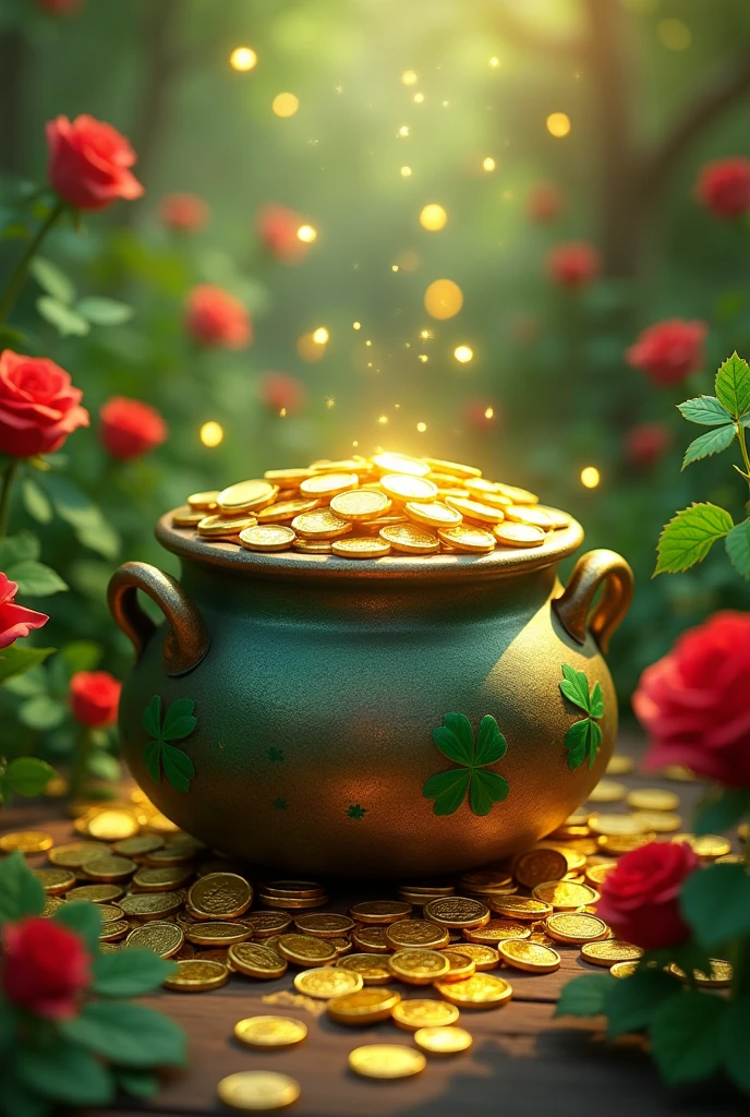 Pot of gold with golden coins and four leaf clovers and red roses