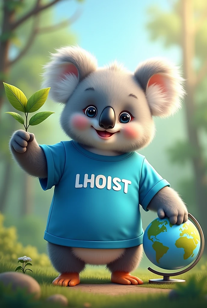 Imagine a friendly animal, like a koala or a penguin, wearing a blue shirt with the word LHOIST written in white letters. The animal may be holding or interacting with symbols related to sustainability, like a young plant, a ball of planet Earth, or a recycling symbol. The image background may include natural elements, like trees or a clean ocean, to reinforce the message of commitment to the environment.