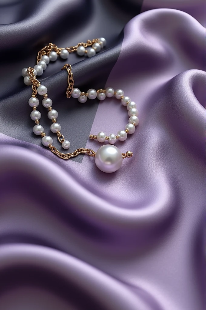 A soft purple, black and white shiny fabric with small pearl necklace and chains on top 3d