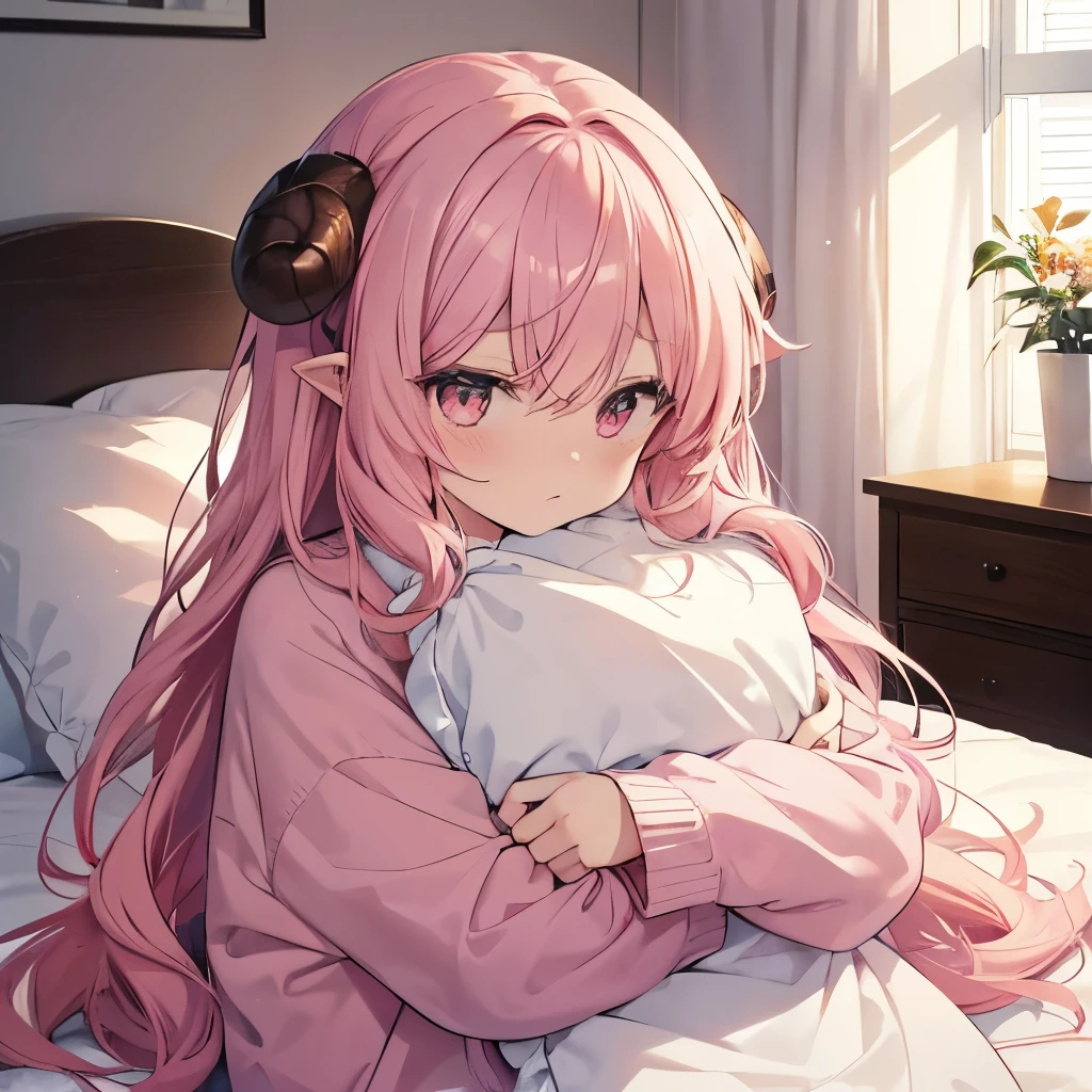 An anime-style illustration of ‘Fua-chan’ refusing to get out of bed. Fua-chan has distinctive features: long pink hair styled in soft curls resembling sheep’s horns, and pink eyes. She is depicted lying in a cozy bed, wrapped tightly in blankets with a stubborn and pouty expression, clearly not wanting to leave the comfort of her futon. Only her head and a bit of her hair peek out from the covers, and she might be clutching a pillow or hugging a stuffed toy. The background shows a softly lit bedroom with morning light filtering in, creating a warm and cozy atmosphere that reflects her desire to stay in bed.
