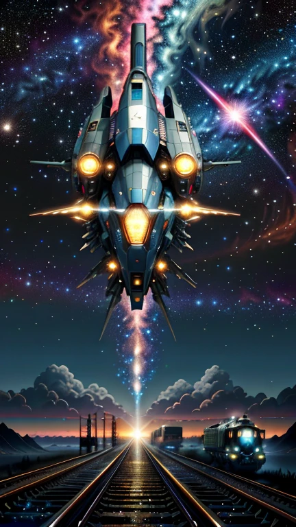 Fantasy，8k,Extremely detailed, masterpiece,High resolution,Highest quality,Increase the resolution,Cinema Lighting,Different space，4 dimensional world，Night on the Galaxy Express，Steam locomotive-type spaceship，steampunk，Large gear light blue body，A spaceship pulling multiple passenger cars，Maneuvering with a fusion reactor，30-car train、Run through the space zone，Numerous stars，Many Galaxies，Milky Way，Cruising at the speed of light，Seeing the Earth in the distance，Super Express，Going to Andromeda，Wide angle of view，Vision，Floating in the air，In the dazzling light，Extremely colorful，The whole carriage is visible，S-shaped，Rail of light，999，colorful cloud nebula，The whole universe shines gold