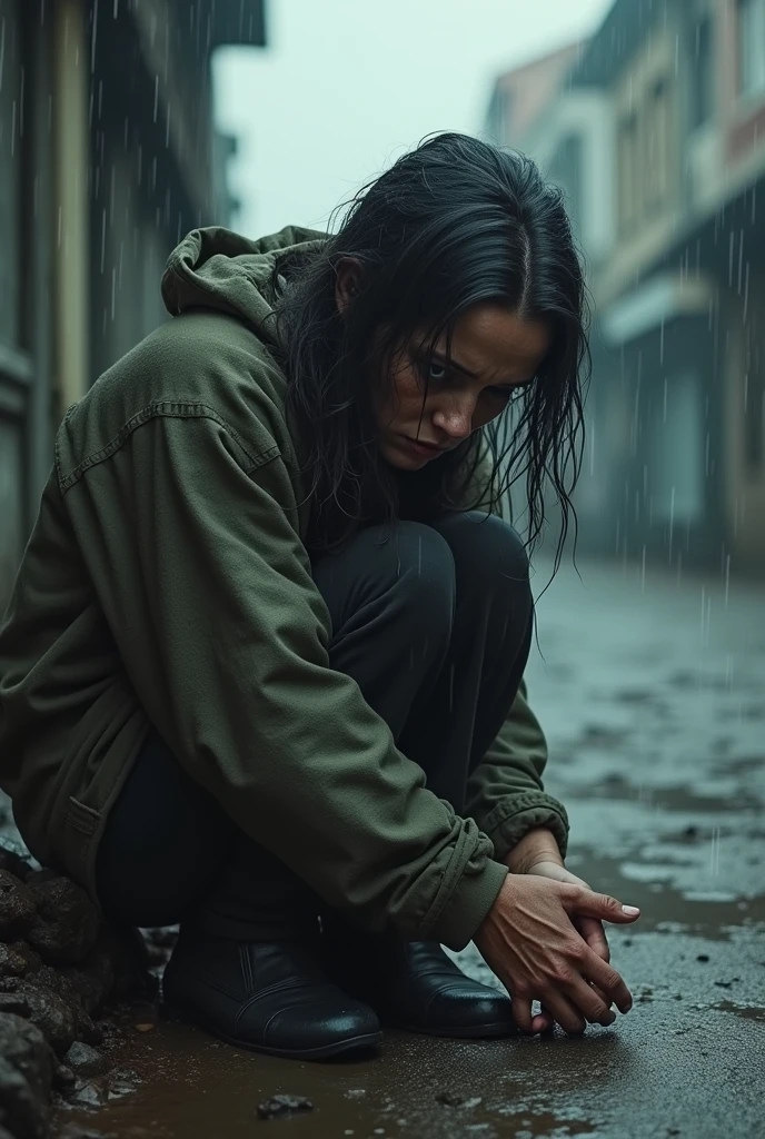 A sad poor vagina under the rain in a street asking for money with sad mouth and a sad eyes