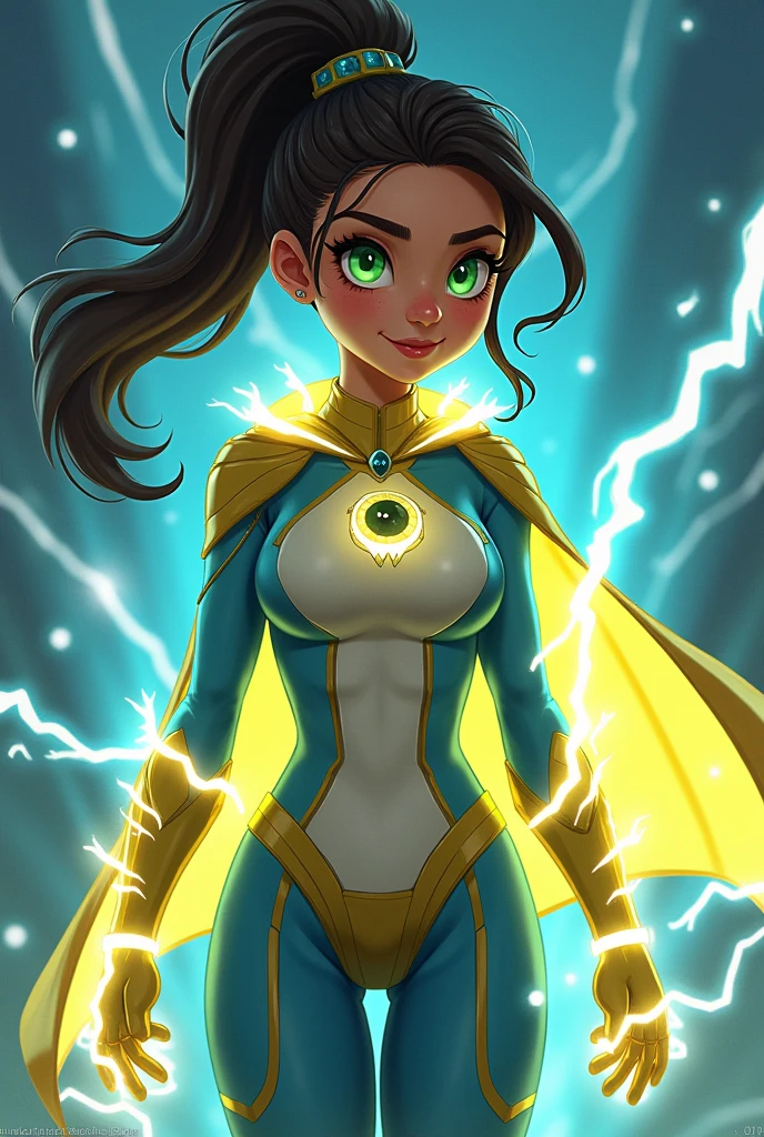 AGE: Height: 1.65 meters (5'5")
Complexion: slender, with an athletic physique that suggests agility and speed.
hair: long and wavy, dark brown, which is often worn loose or tied back in a high ponytail when in action.
eyes: large and expressive, bright green, that reflect their connection to energy and their determination.
CLOTHES: Cuando es light Martínez, Wear casual and eco-friendly clothing, such as t-shirts with environmental messages, jeans and sneakers. as "light", Her superhero costume is tight and two-piece., predominantly in electric blue and yellow tones, with details that simulate rays of electricity. He wears gloves and boots that look technological, and a short cape that flows like a ray of light.
Distinctive features: His face has soft but marked features., with a friendly smile and eyes that seem to glow when he uses his powers.