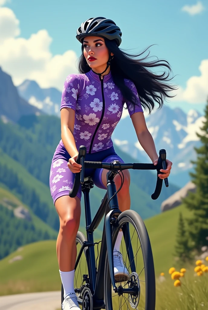 a female cyclist in a white and lilac flowered cycling suit, white sock, white sneaker, white helmet, on top of a mountain bike. The cyclist has long black hair and wears red lipstick