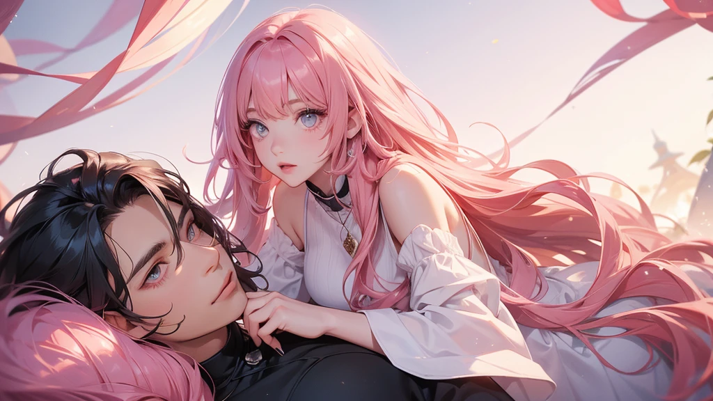 long dark haired man, very big hair, girl on top of him, girl with pink hair, passionate looks