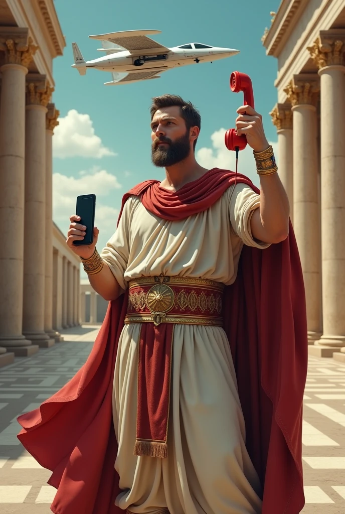 Julius Caesar Greek Emperor with a telephone and a flying car