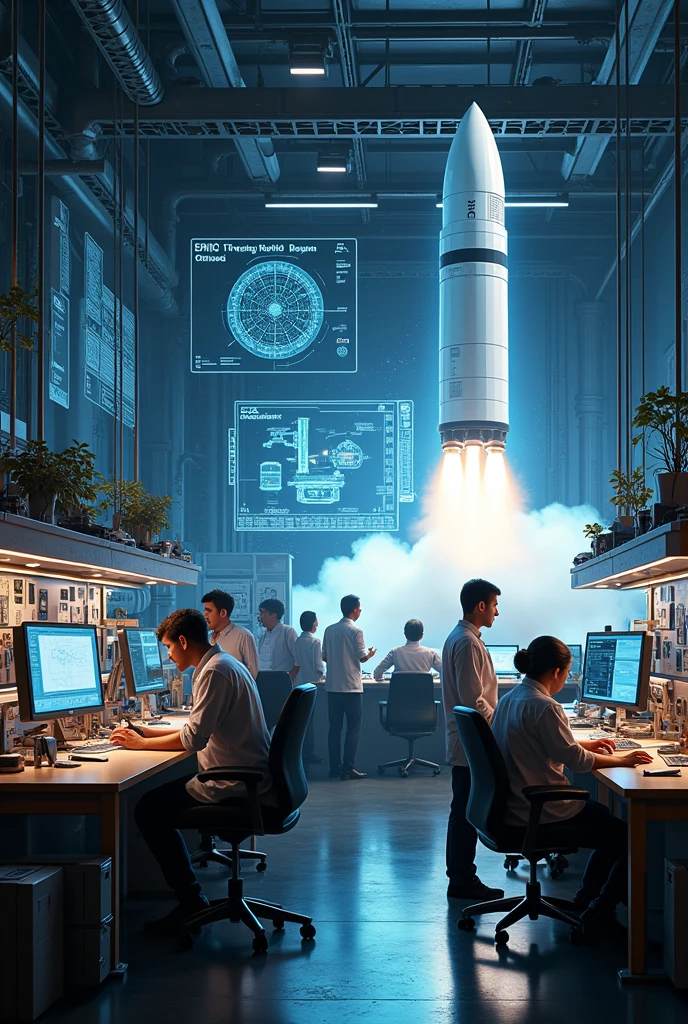 A room with people designing space rockets