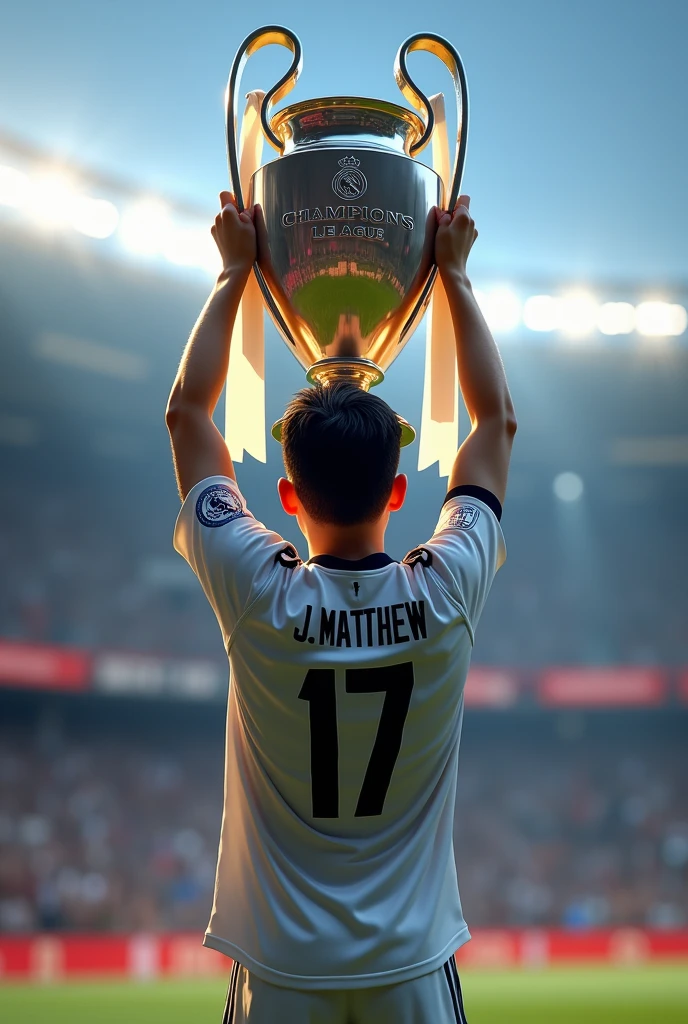 A teenager lifting the Champions League trophy with a Real Madrid shirt, with the number 17 and the name J.MATTHEW from behind 