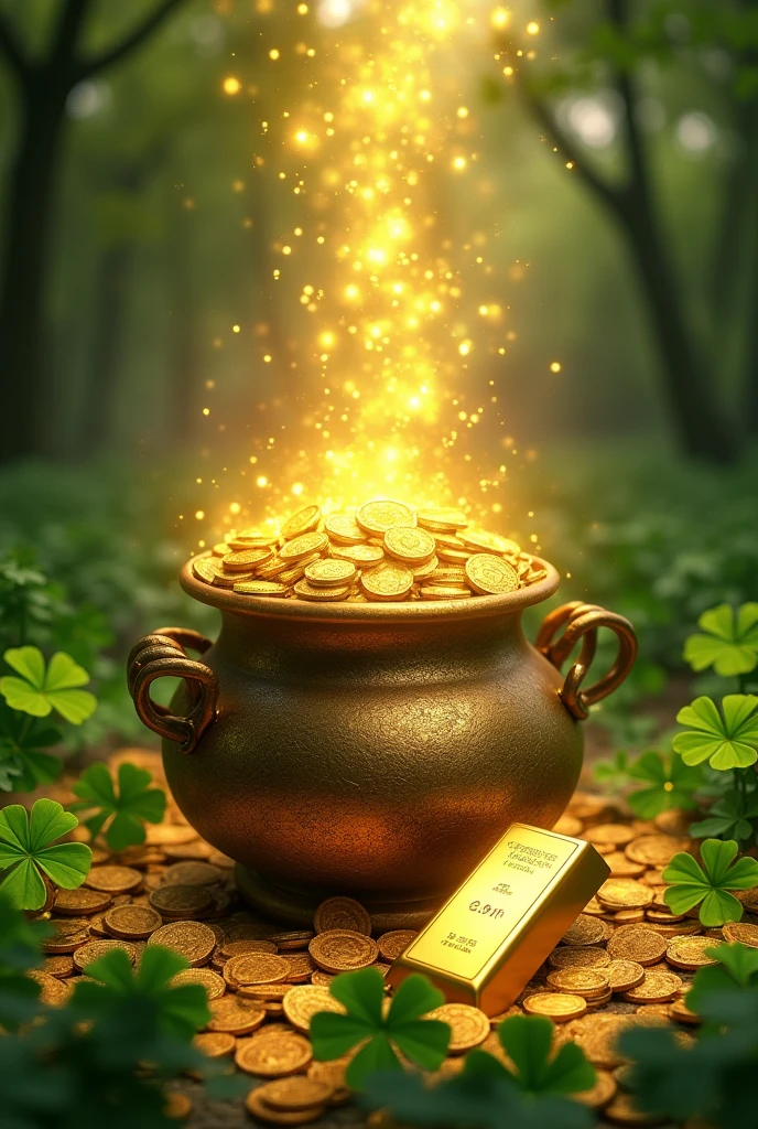 Pot of gold with golden coins and four leaf clovers and gold bar