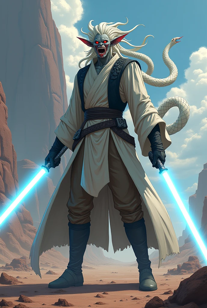 A Jedi, he has gray skin, hair made of white snakes, and red eyes. His eyes are black with red, releasing a slime. He is 2 meters 70 cm tall. He has sharp fangs in his mouth. He is wearing a long white shirt with a black scale vest. He is wearing a belt, brown pants, boots and black latex gloves. He is holding two white lightsabers, one in each hand. The place he is in is a battlefield on another planet. The image has to be in anime.