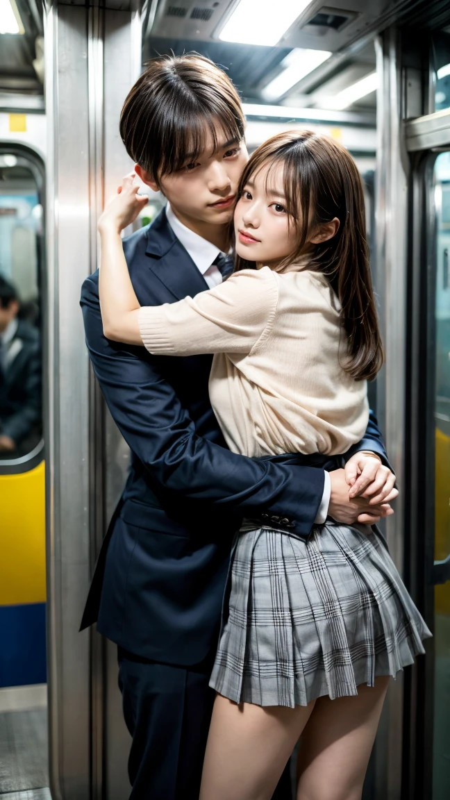 Browsing Caution, Crowded train, Japan , Handsome man hugging his girlfriend from behind, Talk in her ear, Lift her up, Twist up your miniskirt, 40k, photograph, masterpiece, Highest quality, Dark Gray Background, ((Japan girls' high school uniform)), An older man is leaning on her from behind、i held you up, Mr...々Strike a Pose