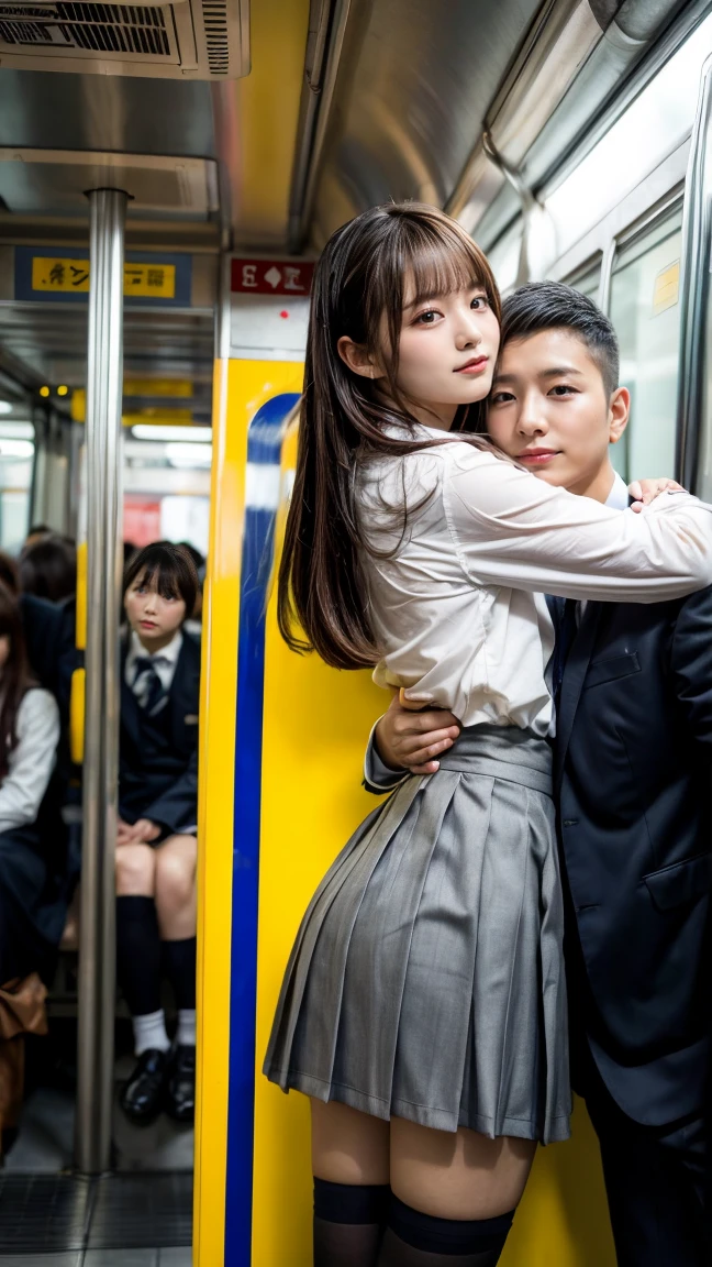Browsing Caution, Crowded train, Japan , Handsome man hugging his girlfriend from behind, Talk in her ear, Lift her up, Twist up your miniskirt, 40k, photograph, masterpiece, Highest quality, Dark Gray Background, ((Japan girls' high school uniform)), An older man is leaning on her from behind、i held you up, Mr...々Strike a Pose