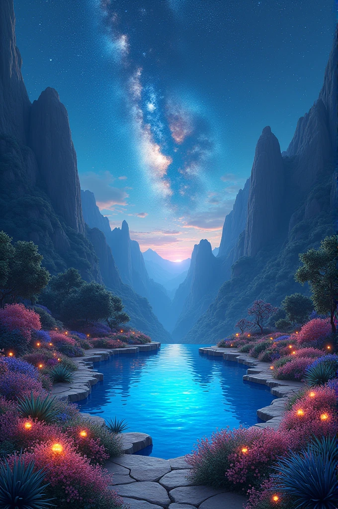 *6. Garden of Crystalline Skies* A vast garden situated in a mountainous region, full of native flora with vibrant colors that shine under the starlight. No centro do jardim, there is a large natural pool that reflects the night sky, creating an illusion where it appears that the visitor is floating in the cosmos. It is a place of peace and contemplation, ideal for meditation and rituals of communion with the stars