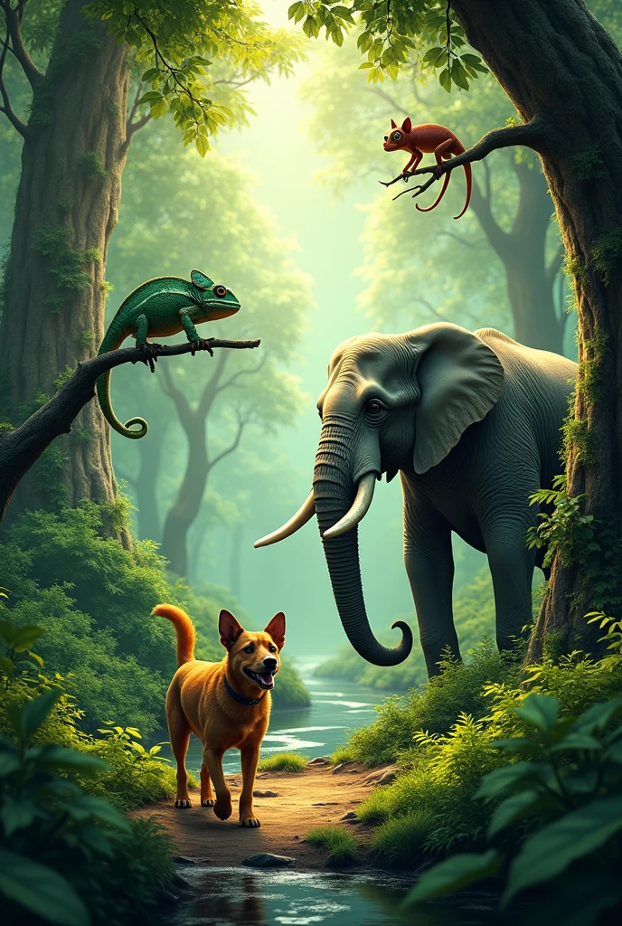 a forest with a dog, a chameleon and an elephant