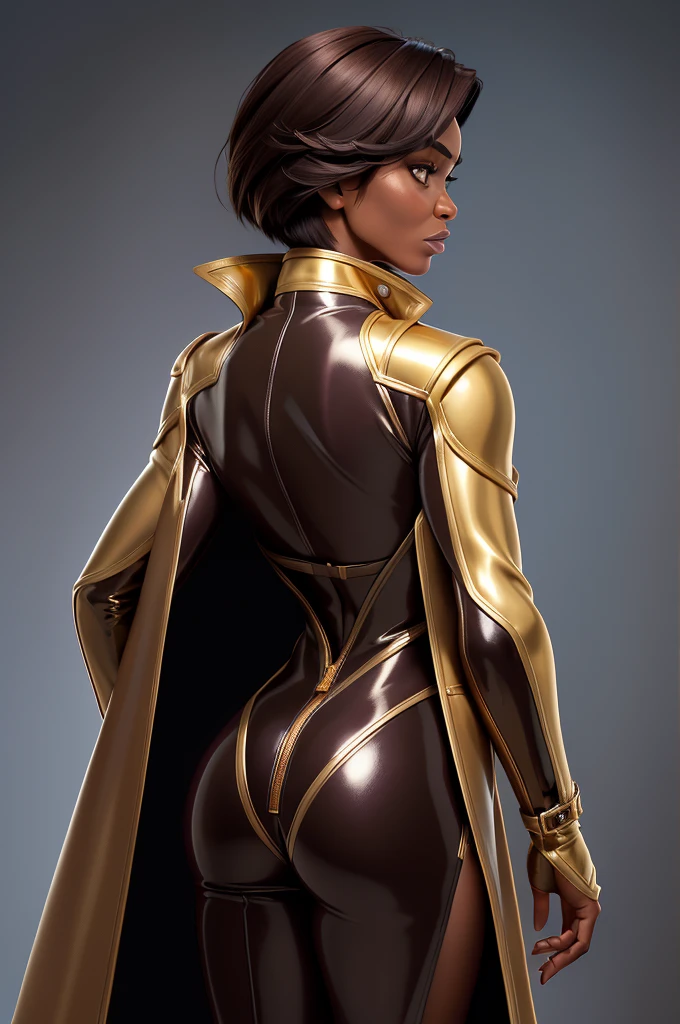 obra prima, melhor qualidade, ((only one woman,)) ((angela bassett, dark black skin, short brown bob hair, heavy makeup eye shadow)) (((wearing liquid gold pvc long overcoat,))) (((overcoat is zipped up, overcoat covers waist and ass,))) ((overcoat has padded shoulders,)) ((overcoat has stiff high collar,)) ((gold pvc bikini,)) ((gold pvc gloves,)) body is very skinny, ((standing up, arched back, sexy pose,)) (((camera side view, view of high upper body,))) shallow depth of field, highres, HD, 8k, anatomically correct