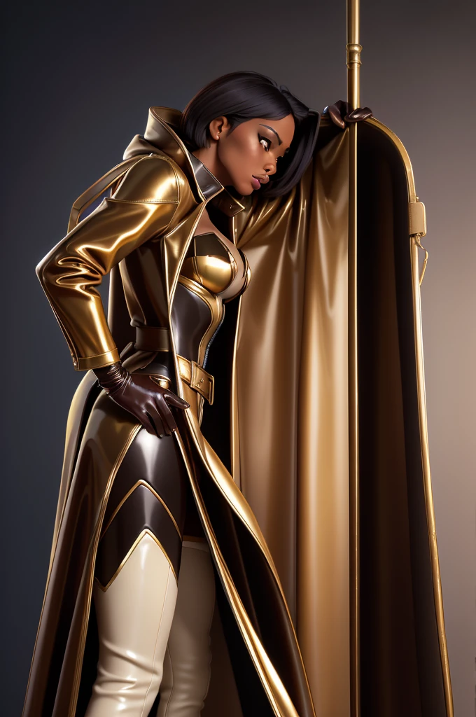obra prima, melhor qualidade, ((only one woman,)) ((angela bassett, dark black skin, short brown bob hair, heavy makeup eye shadow)) (((wearing liquid gold pvc long overcoat,))) (((overcoat is zipped up, overcoat covers waist and ass,))) ((overcoat has padded shoulders,)) ((overcoat has stiff high collar,)) ((gold pvc bikini,)) ((gold pvc gloves,)) body is very skinny, ((standing up, arched back, sexy pose,)) (((camera side view, view of high upper body,))) shallow depth of field, highres, HD, 8k, anatomically correct