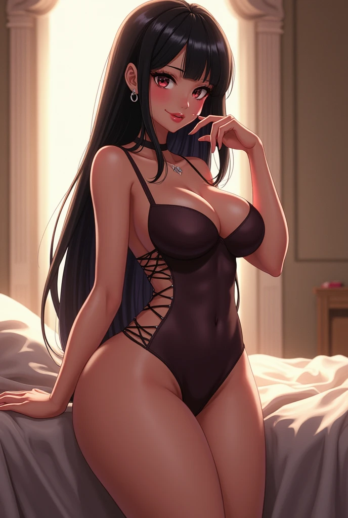 An extremely busty anime woman, with big ass, and long hair, smooth, black, silky and shiny that reach the floor, she is biting her lower lip, she is standing next to a bed, and the camera is showing her from head to toe, she is DRESSED, She is thin