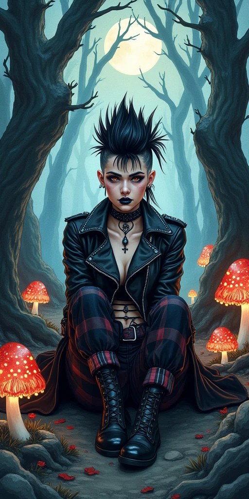 A fierce goth tomboy, with a mohawk and dark lipstick, dressed in a studded leather jacket and plaid pants, sitting on the ground, in a shadowy forest, surrounded by twisted trees and glowing mushrooms, (A Watercolor illustration in the style of Fantasy Art, Dark Romanticism, and Alternative Art, by Brian Froud:1.3), inspired by Enid Sinclair