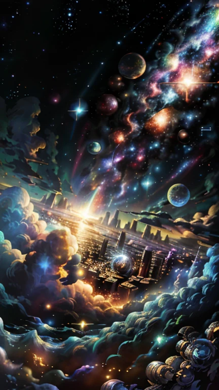Fantasy,8k,Extremely detailed, masterpiece,High resolution,Highest quality,Increase the resolution,Cinema Lighting,Different space,4 dimensional world,Night on the Galaxy Express,Steam locomotive-type spaceship,steampunk,Large gear light blue body,A spaceship pulling multiple passenger cars,Maneuvering with a fusion reactor,30-car train、Run through the space zone,Numerous stars,Many Galaxies,Milky Way,Cruising at the speed of light,Seeing the Earth in the distance,Super Express,Going to Andromeda,Wide angle of view,Vision,Floating in the air,In the dazzling light,Extremely colorful,The whole carriage is visible,S-shaped,Rail of light,999,colorful cloud nebula,The whole universe shines gold
