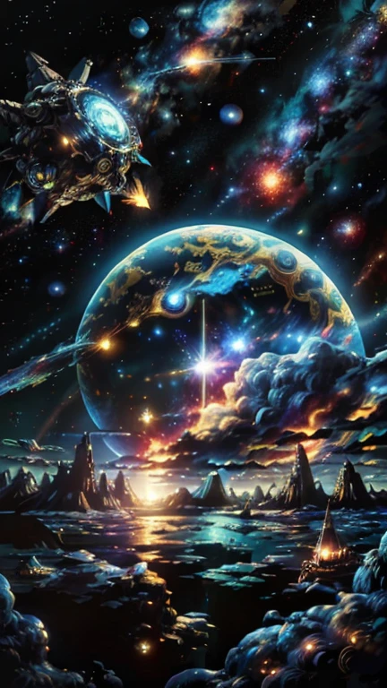 Fantasy,8k,Extremely detailed, masterpiece,High resolution,Highest quality,Increase the resolution,Cinema Lighting,Different space,4 dimensional world,Night on the Galaxy Express,Steam locomotive-type spaceship,steampunk,Large gear light blue body,A spaceship pulling multiple passenger cars,Maneuvering with a fusion reactor,30-car train、Run through the space zone,Numerous stars,Many Galaxies,Milky Way,Cruising at the speed of light,Seeing the Earth in the distance,Super Express,Going to Andromeda,Wide angle of view,Vision,Floating in the air,In the dazzling light,Extremely colorful,The whole carriage is visible,S-shaped,Rail of light,999,colorful cloud nebula,The whole universe shines gold