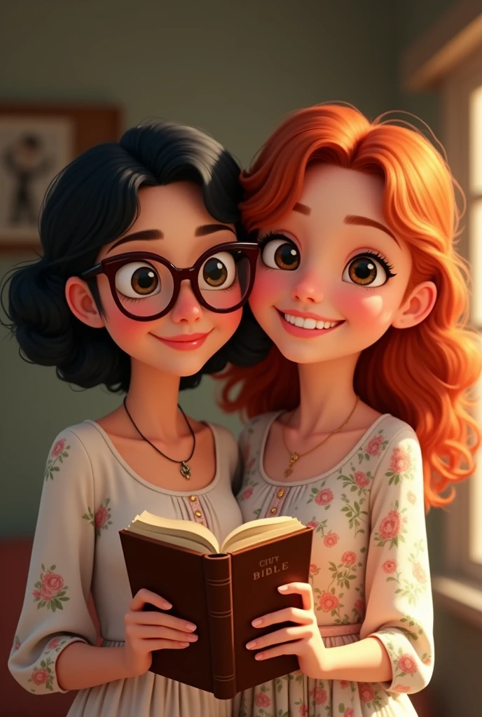 Make me two women, Mother and daughter, the daughter is a light-skinned redhead,  The mother has black hair, fair skin and wears wine-colored glasses. Both have dark eyes. They are Christians. They are holding a Bible in their hand and smiling. Make the images Disney style.. attention: Only the mother who wears glasses, the daughter is already an adult too.