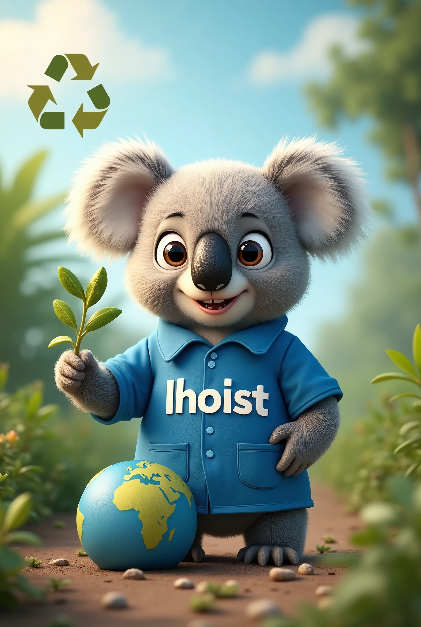 Imagine a friendly animal, like a koala or a penguin, wearing a blue shirt with the word (LHOIST) written in white letters. The animal may be holding or interacting with symbols related to sustainability, like a young plant, a ball of planet Earth, or a recycling symbol. The image background may include natural elements, like trees or a clean ocean, to reinforce the message of commitment to the environment.