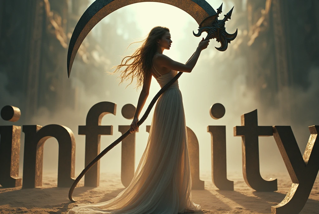 The words "INFINITY" written in large letters at the bottom of the screen, ((masterpiece, highest quality, Highest image quality, High resolution, photorealistic, Raw photo, 8K)), ((Extremely detailed CG unified 8k wallpaper)), (huge stunning goddess shot, very hot and sexy, jaw-dropping beauty, perfect proportions, beautiful body, slim body beauty:1.4), A girl wielding a huge scythe, movie poster, (a huge scythe:1.5), 